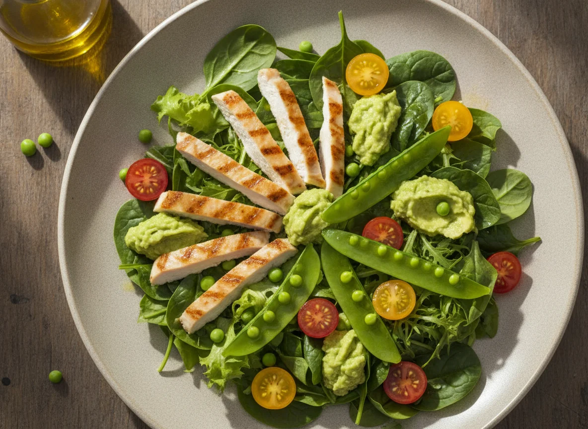 Ensalada de pollo con guisantes y aguacate photo