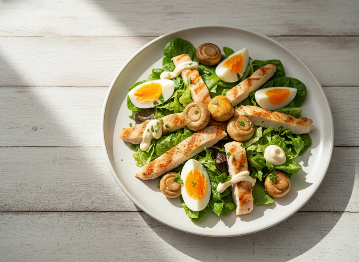 Ensalada de pollo con huevo y champiñones photo