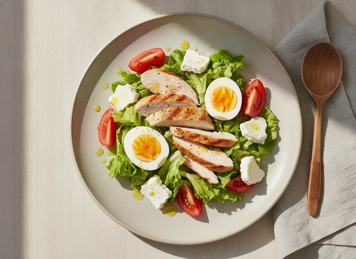Ensalada de pollo con huevo y queso photo