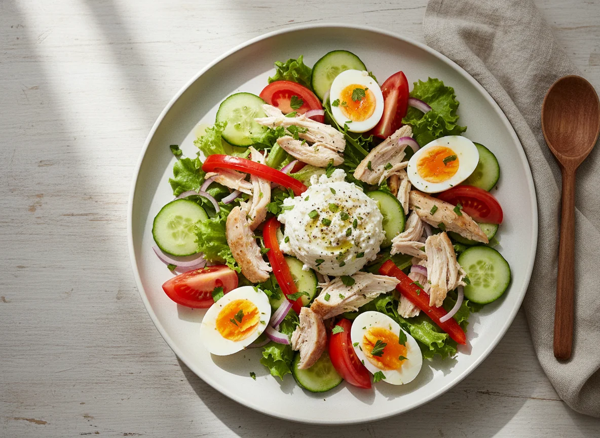 Ensalada de pollo con huevo y queso cottage photo