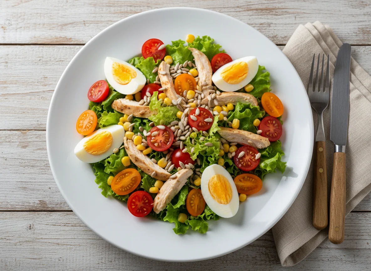 Ensalada de pollo con huevo y semillas photo