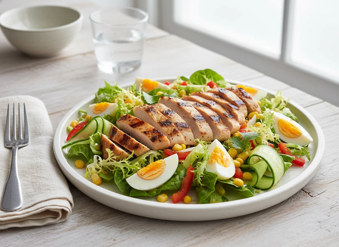 Ensalada de pollo con huevo y vegetales photo