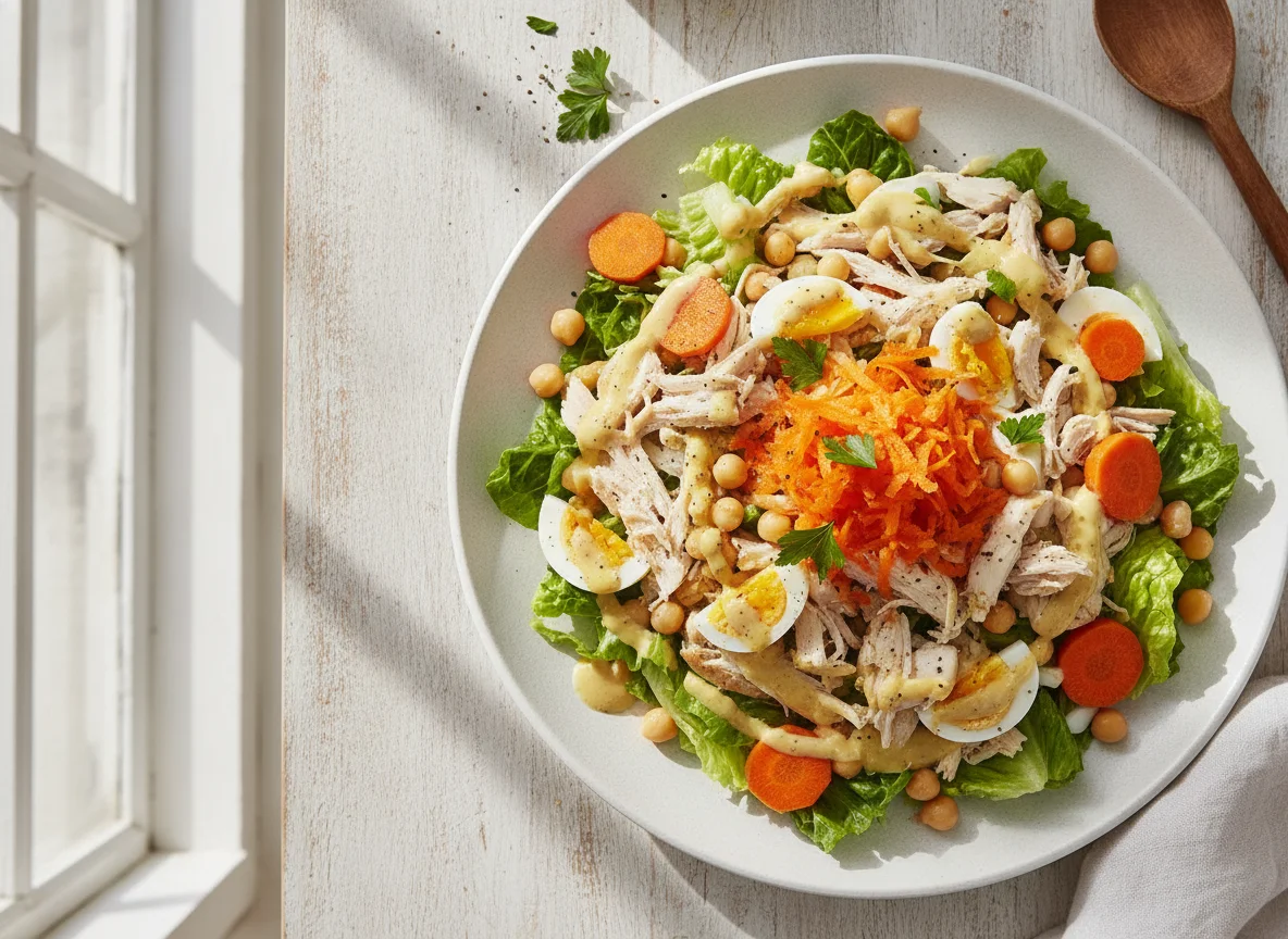 Ensalada de pollo con huevo y zanahoria photo