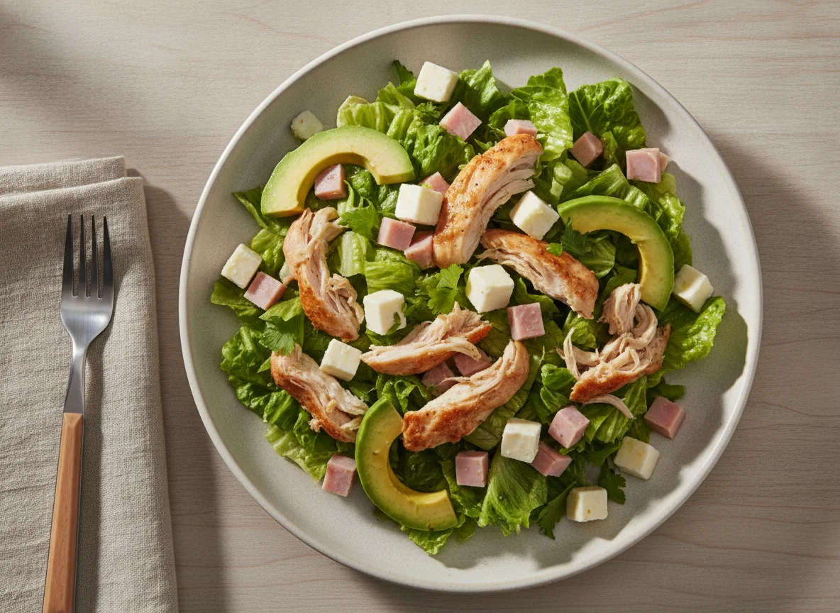 Ensalada de pollo con jamón, queso y palta photo