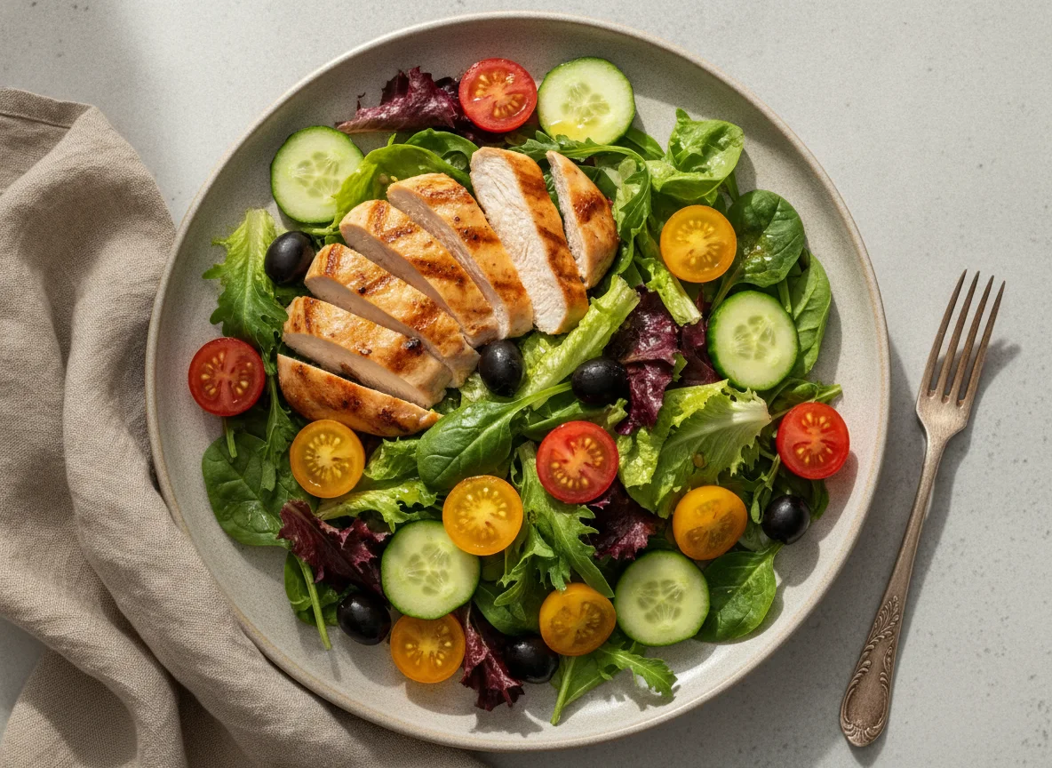 Ensalada de pollo con jitomate cherry y aceitunas photo