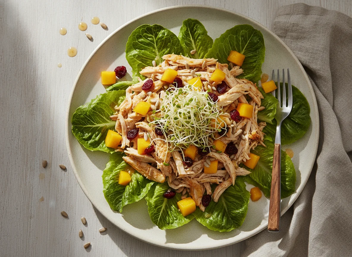 Ensalada de pollo con mango y arándanos photo