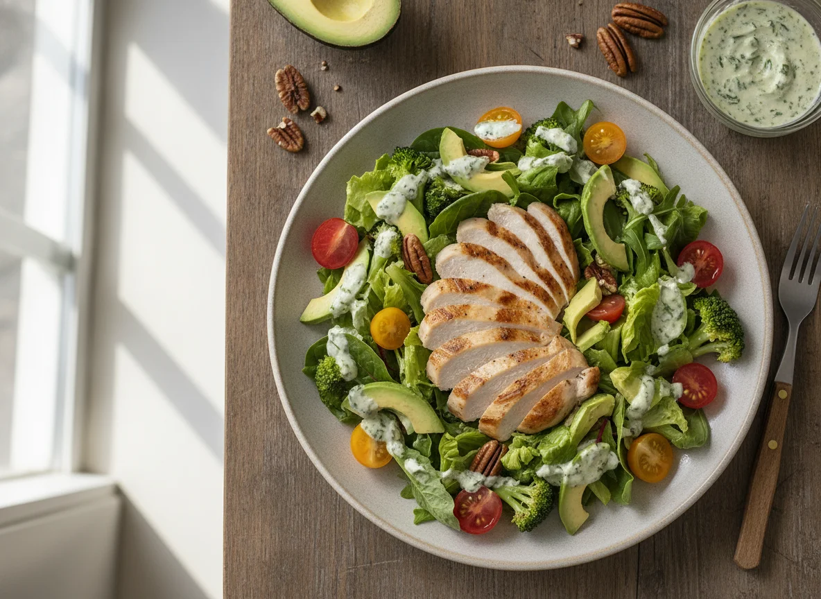 Ensalada de pollo con nueces y aguacate photo