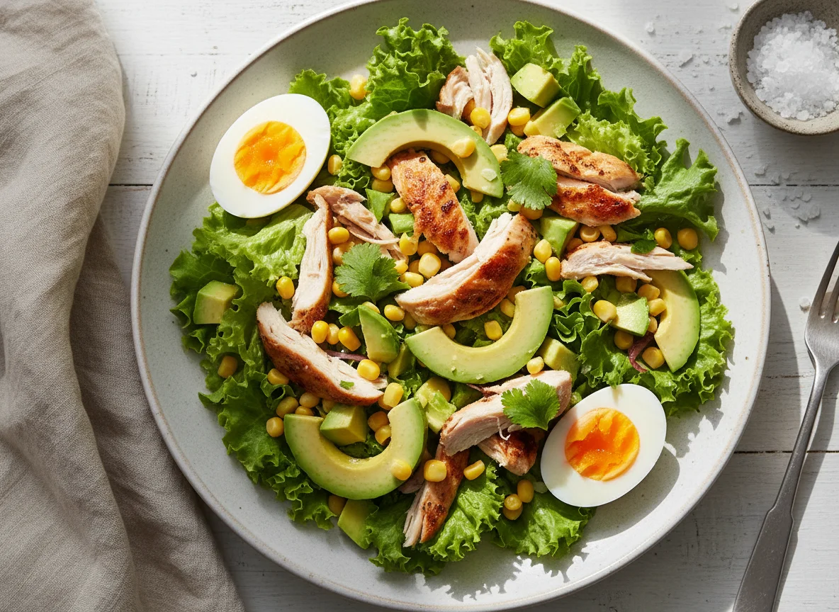 Ensalada de pollo con palta y huevo photo