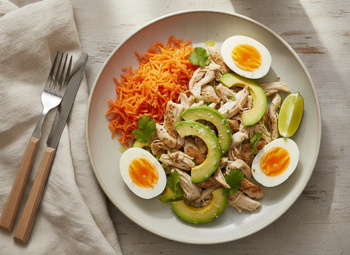 Ensalada de pollo con palta, zanahoria y huevo photo