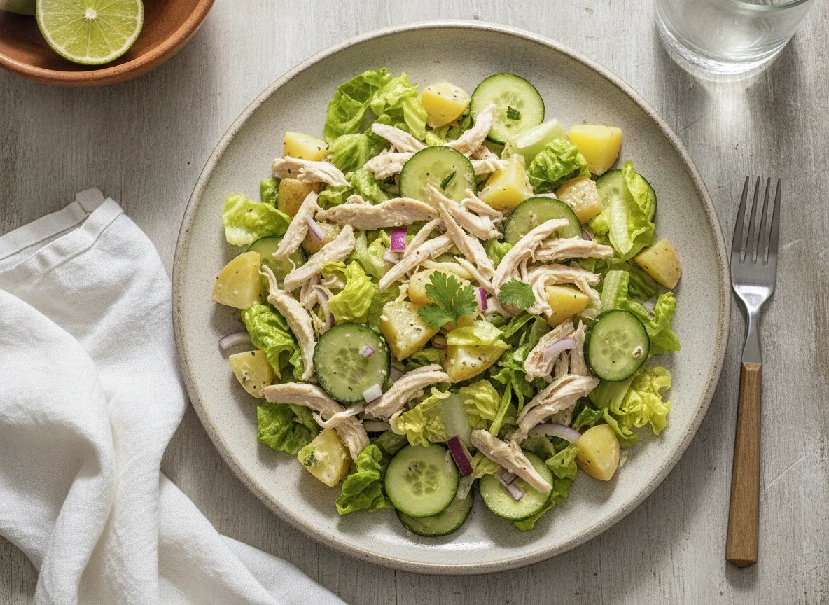 Ensalada de pollo con papas, pepino y lechuga photo