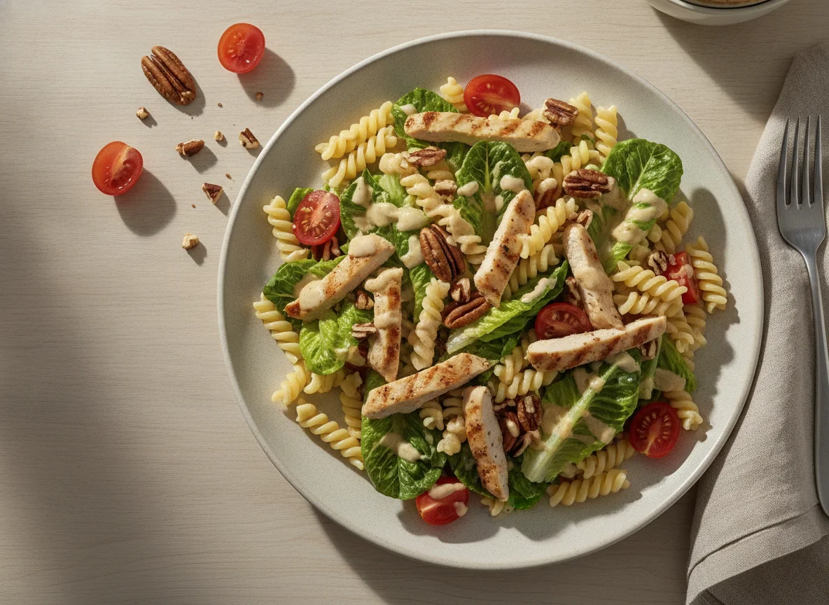 Ensalada de pollo con pasta y nueces photo