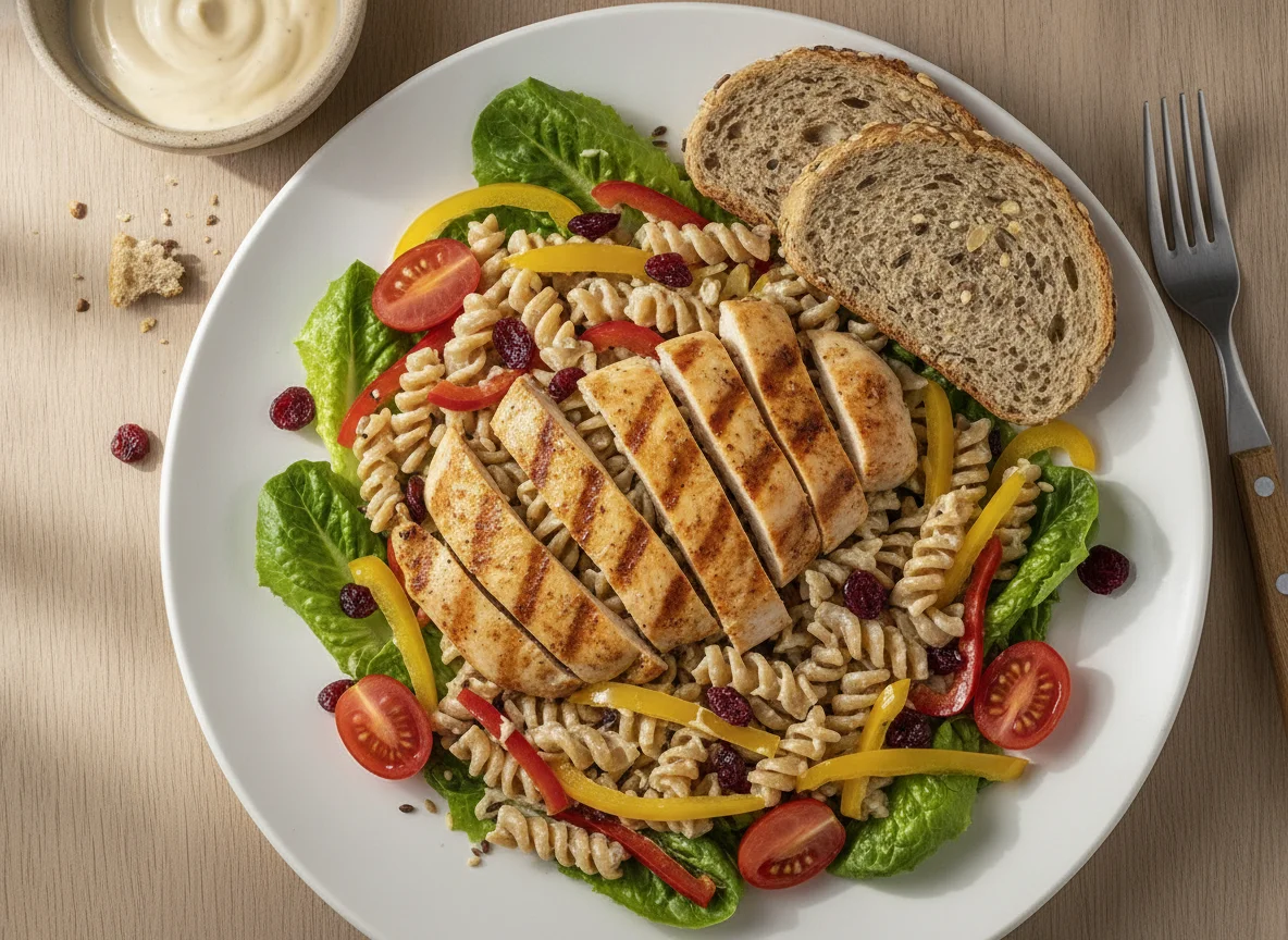 Ensalada de pollo con pasta y pan integral photo