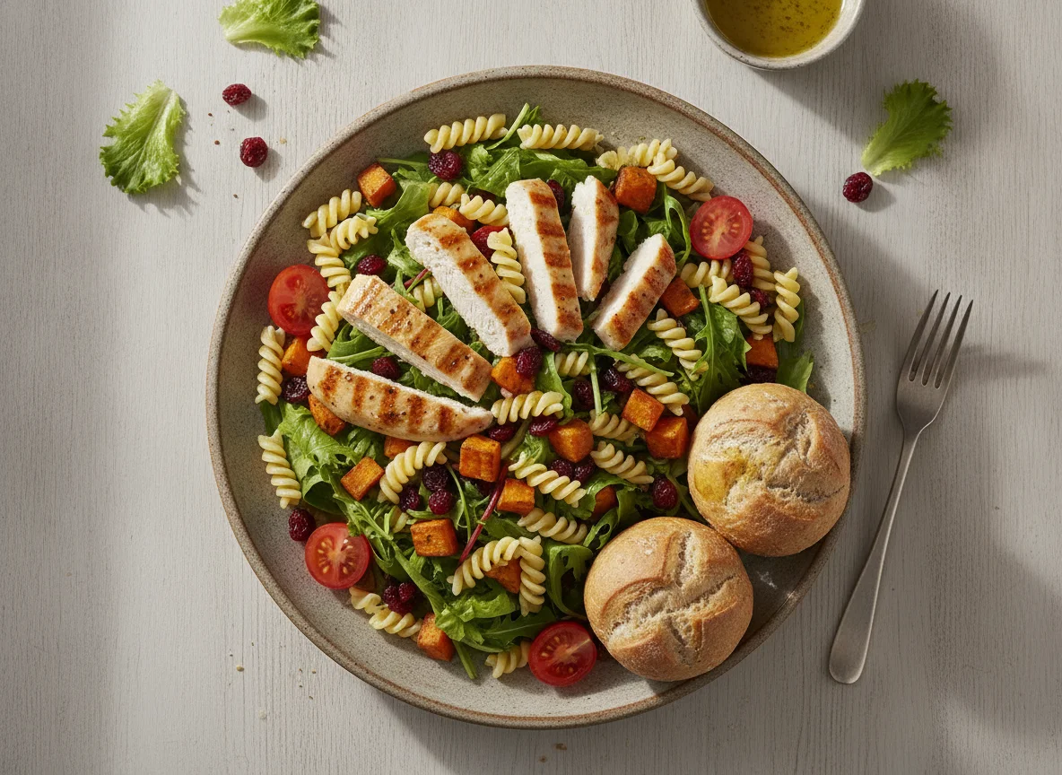 Ensalada de pollo con pasta y pan photo