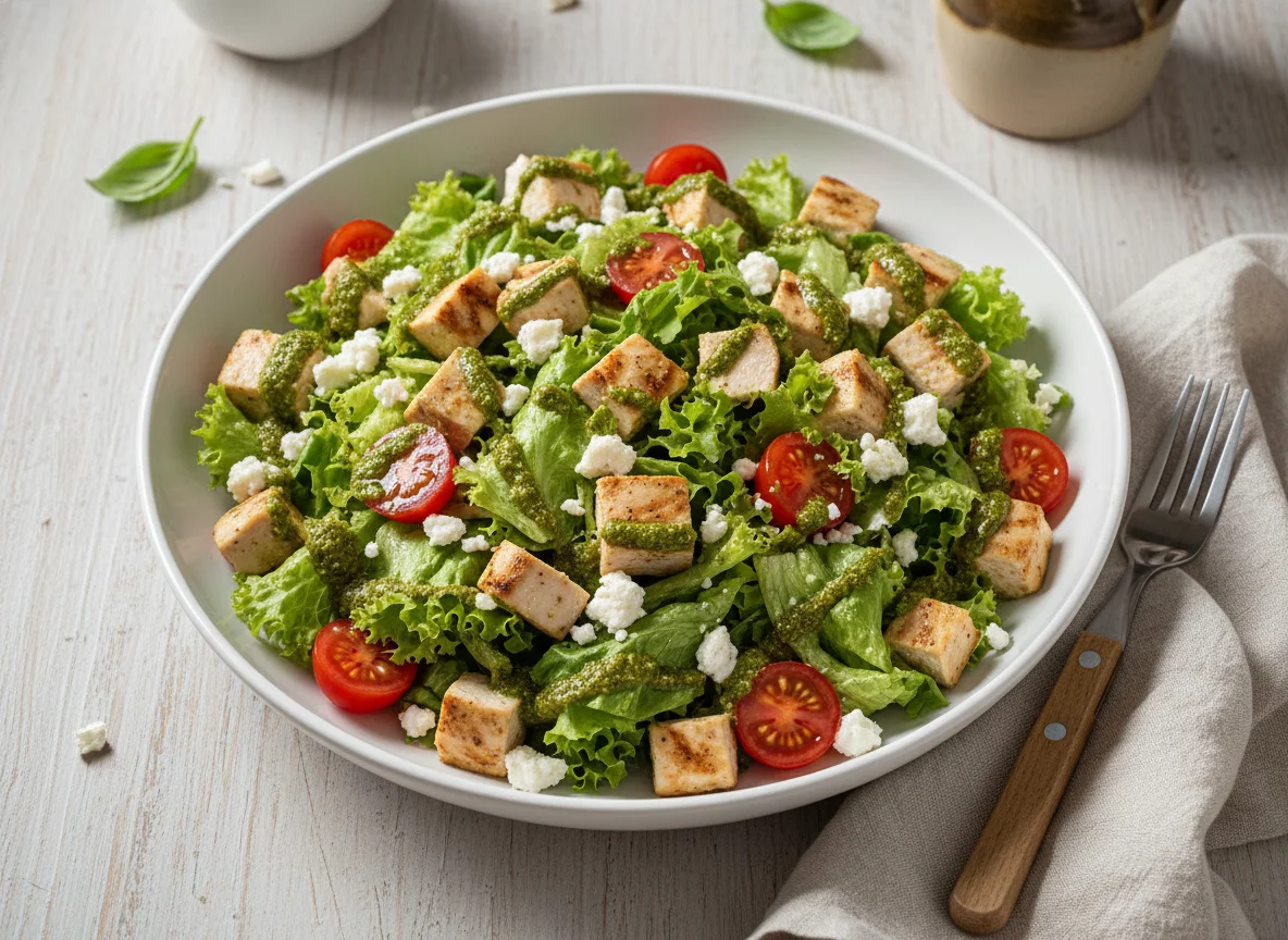 Ensalada de pollo con pesto y queso photo