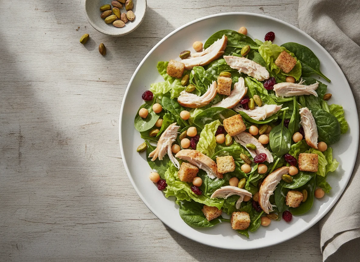 Ensalada de pollo con pistaches y crutones photo