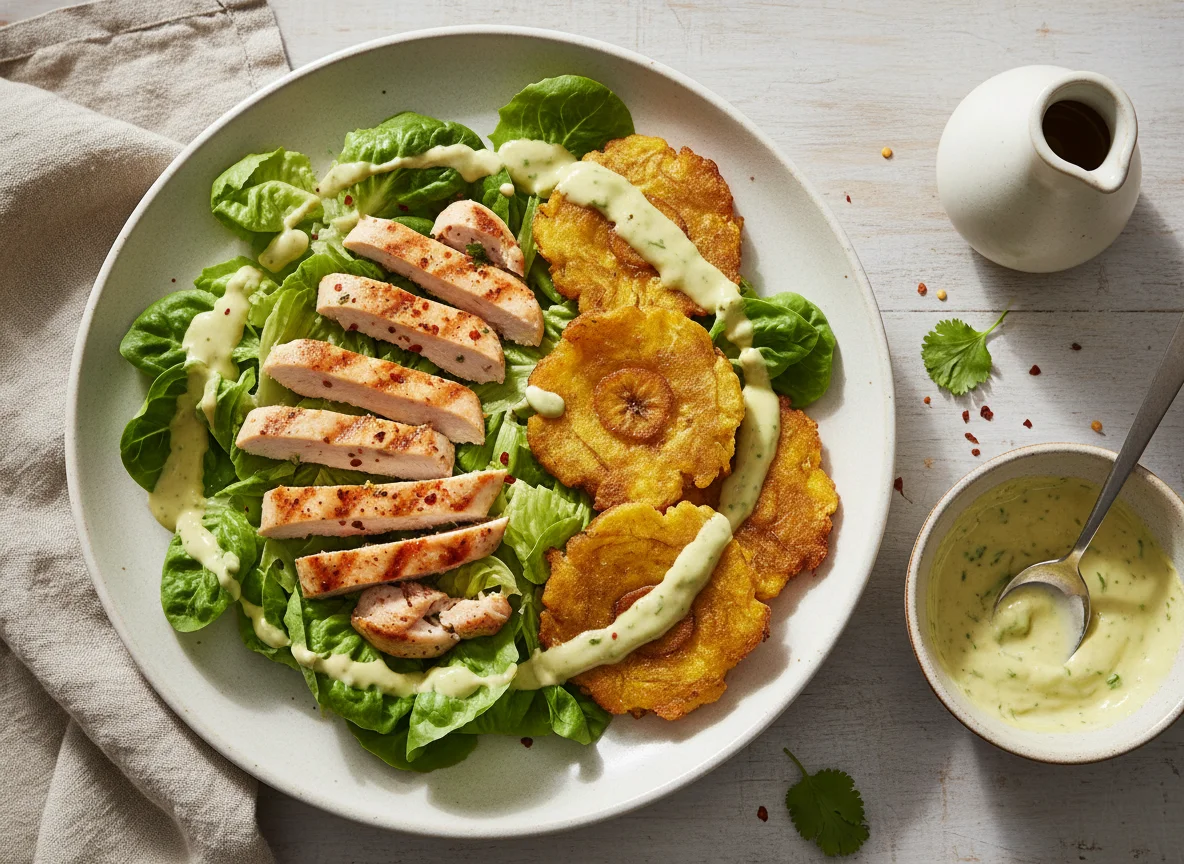 Ensalada de pollo con plátano frito y aderezo photo