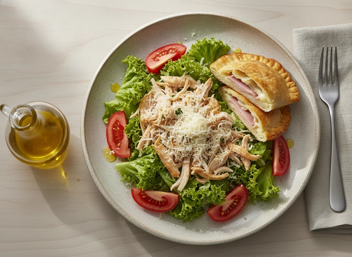 Ensalada de pollo con queso y empanada photo