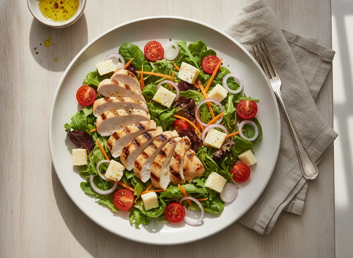 Ensalada de pollo con queso y vegetales photo