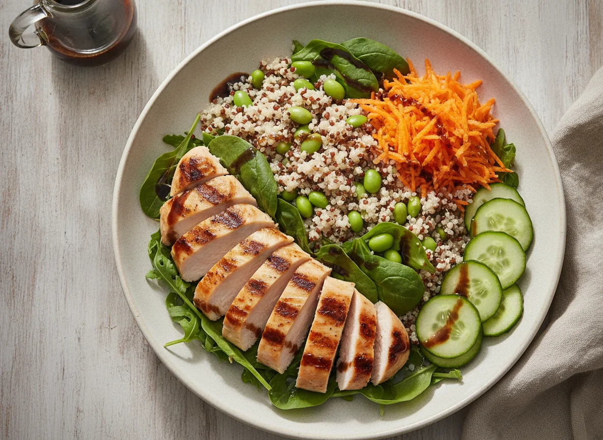 Ensalada de pollo con quinoa y edamames photo