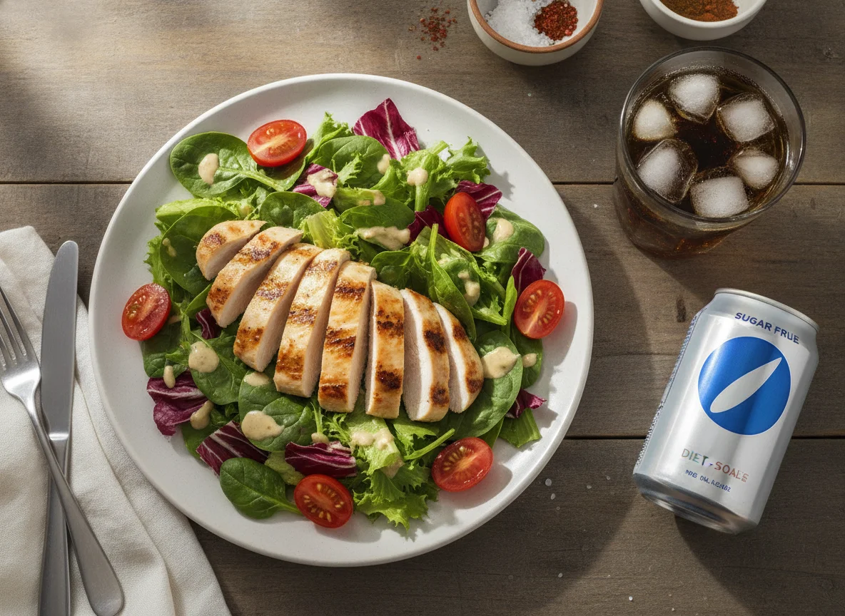Ensalada de pollo con refresco de dieta photo