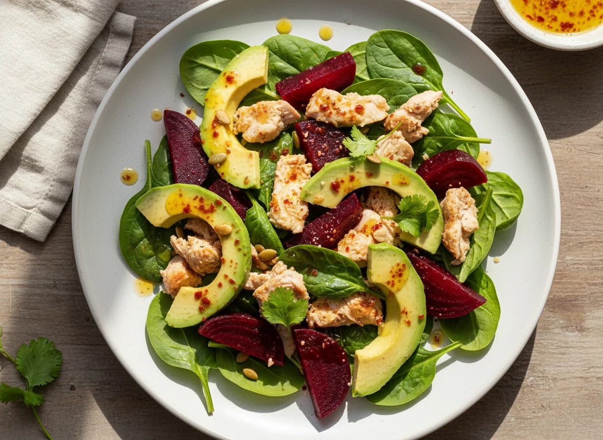 Ensalada de pollo con remolacha, espinaca y aguacate photo