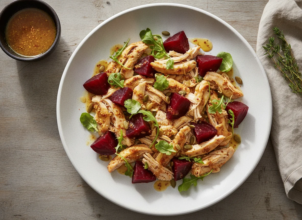 Ensalada de pollo con remolacha y vinagreta photo