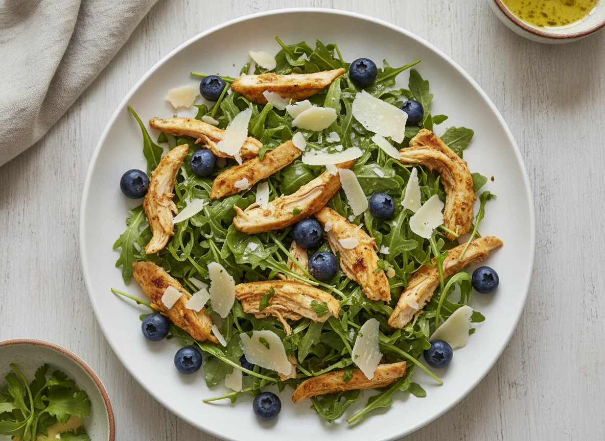 Ensalada de pollo con rúcula, arándanos y queso photo