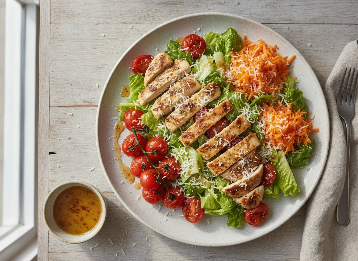 Ensalada de pollo con tomates cherry y zanahoria photo