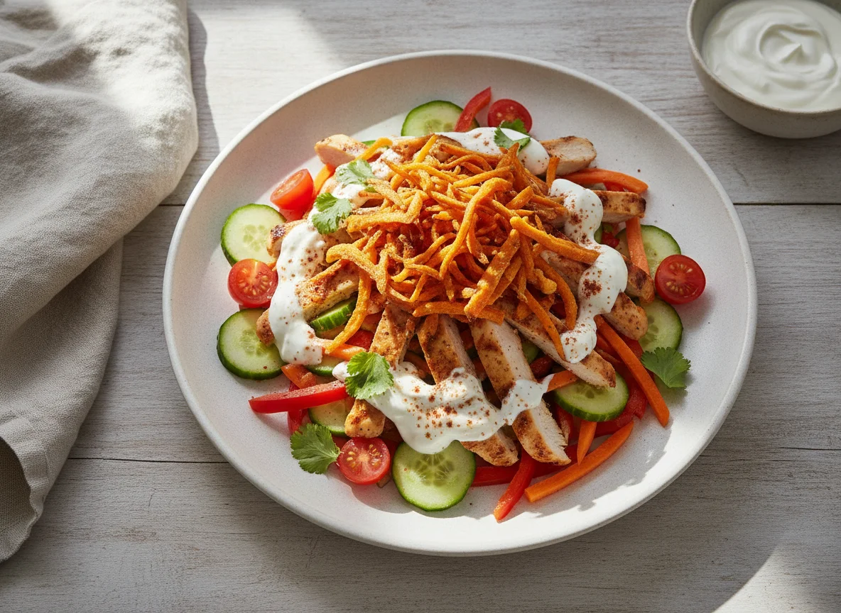 Ensalada de pollo con vegetales y batata crocante photo