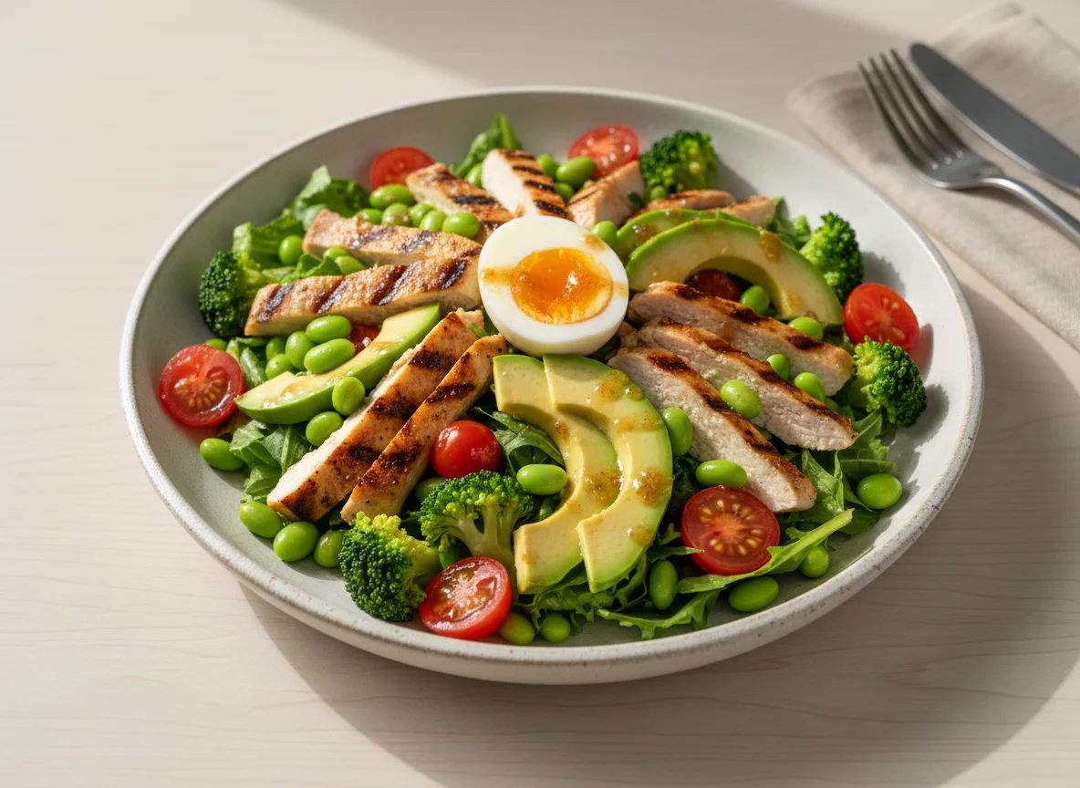 Ensalada de pollo con vegetales y huevo photo