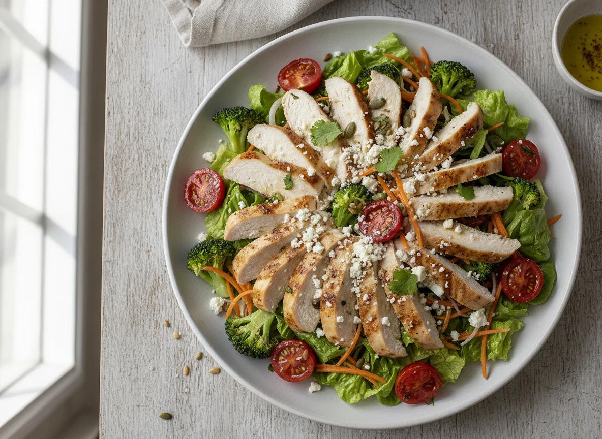 Ensalada de pollo con vegetales y queso photo