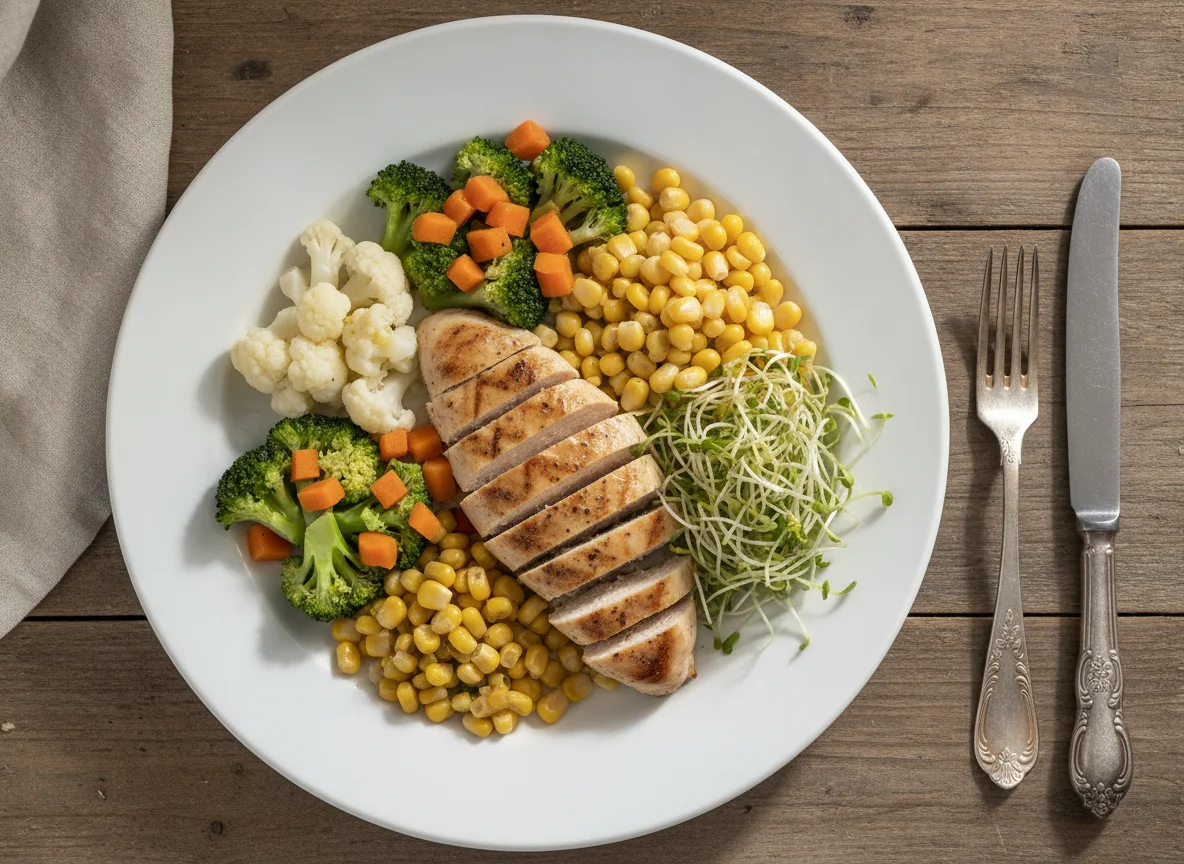 Ensalada de pollo con verduras al vapor y germinado photo