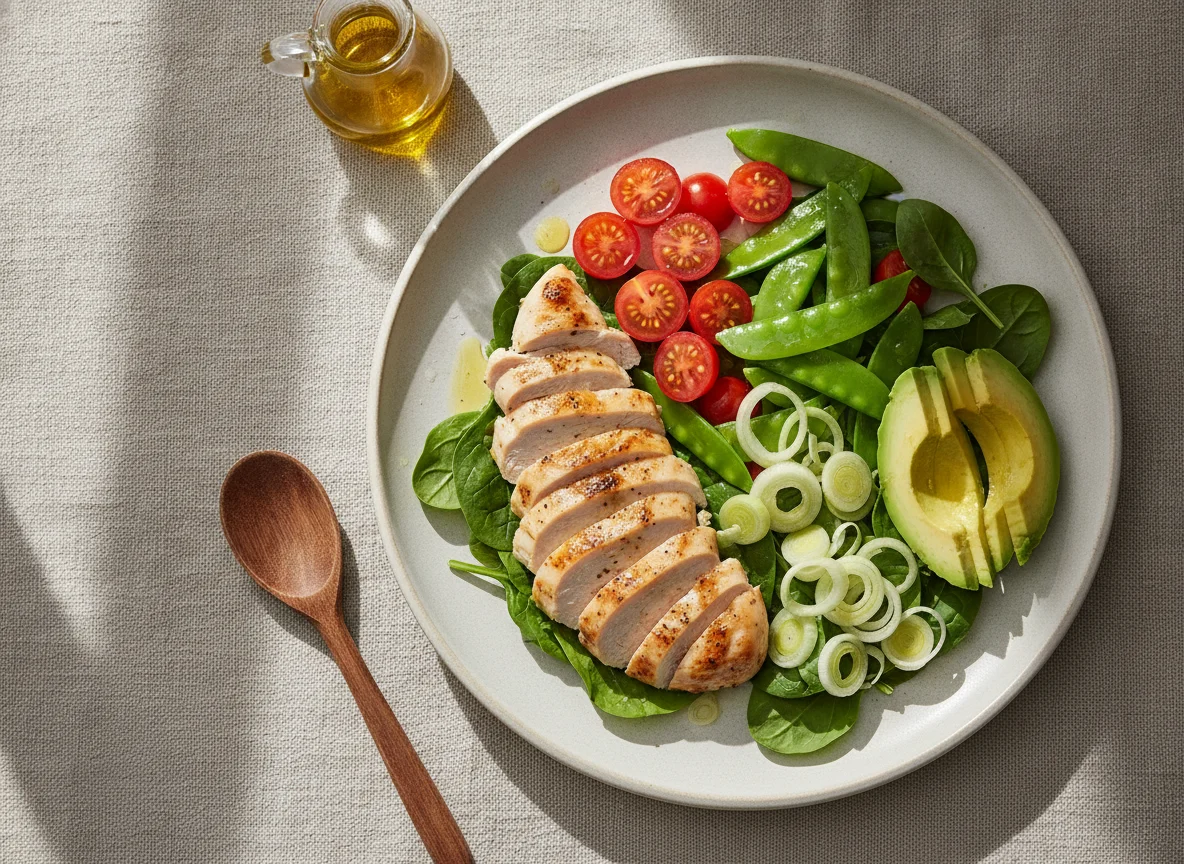 Ensalada de pollo con verduras y aguacate photo