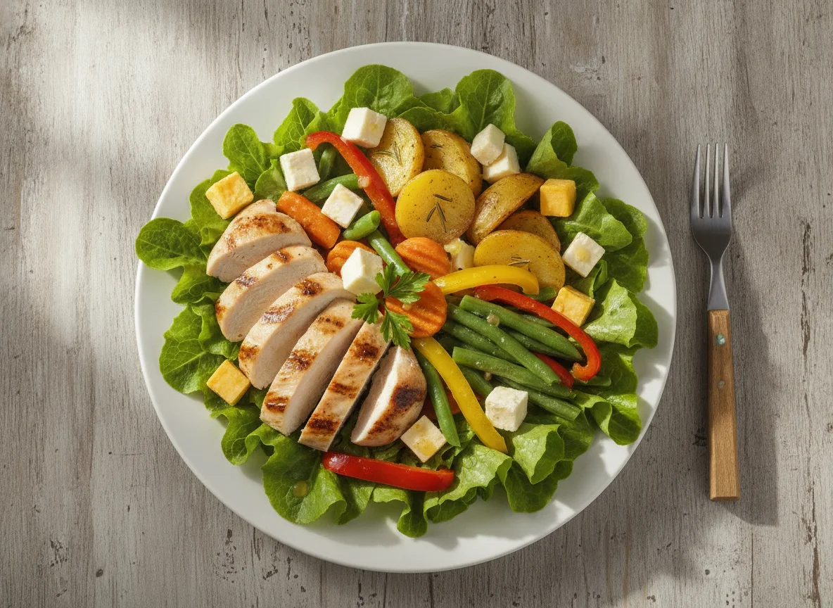 Ensalada de pollo con verduras y queso photo
