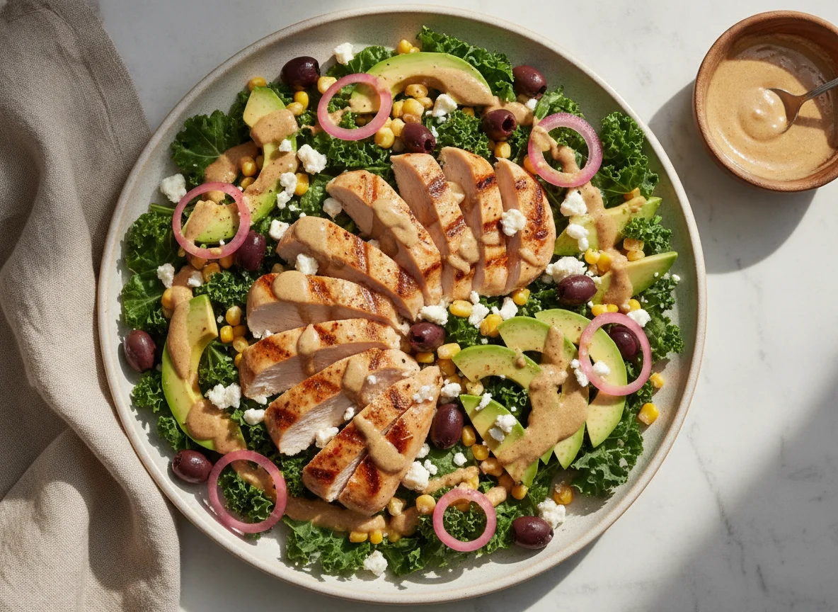 Ensalada de pollo con verduras y salsa de tahini photo
