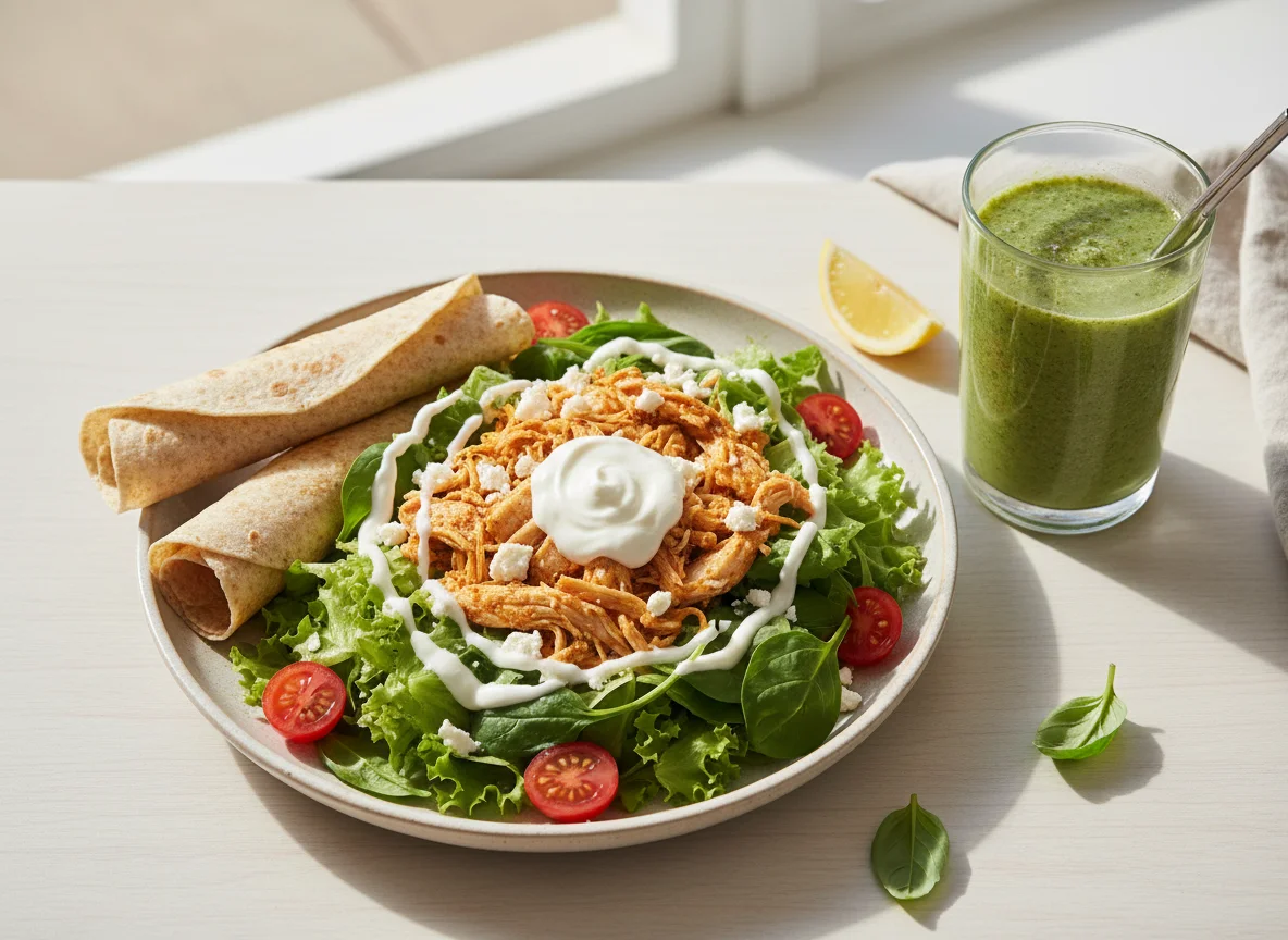 Ensalada de pollo desmenuzado y batido de frutas photo