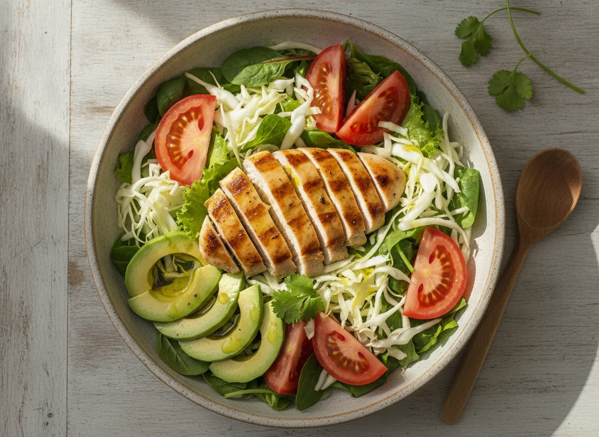 Ensalada de pollo grillado con vegetales mixtos photo