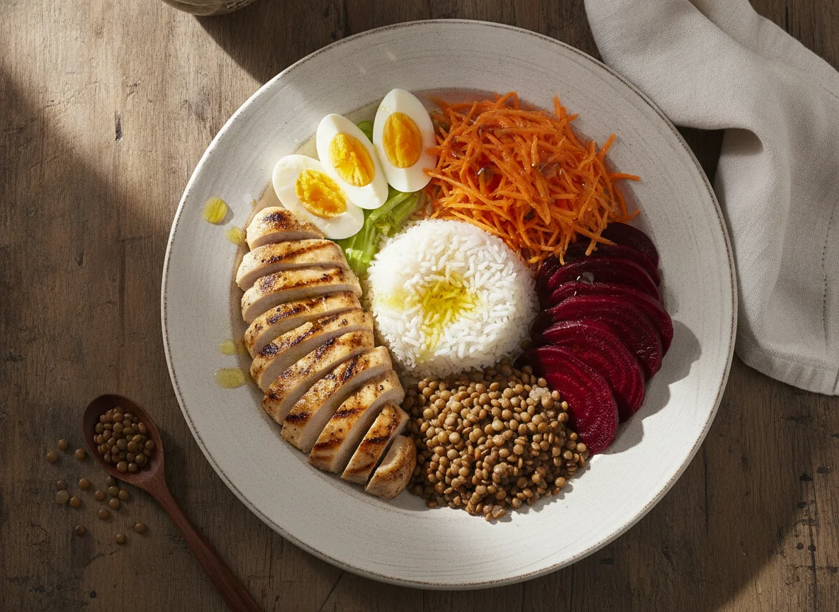Ensalada de pollo, huevo, arroz y vegetales photo