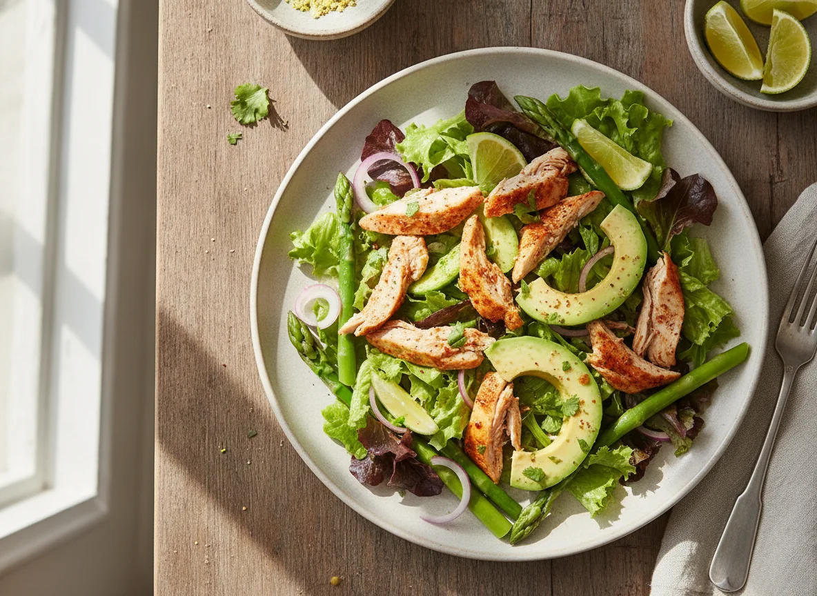 Ensalada de pollo, palta, lechuga y espárragos photo