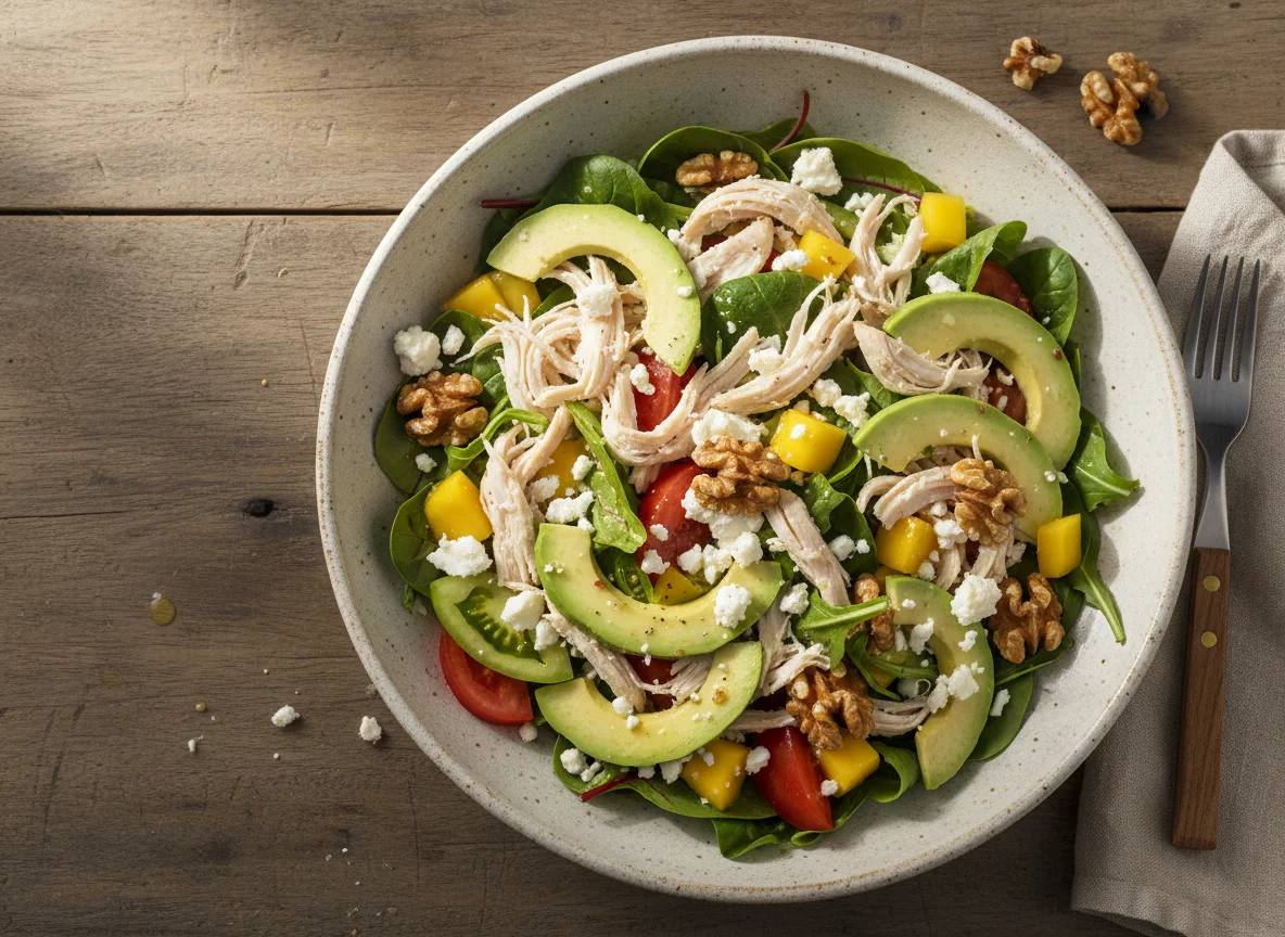 Ensalada de pollo y aguacate con mango y nueces photo