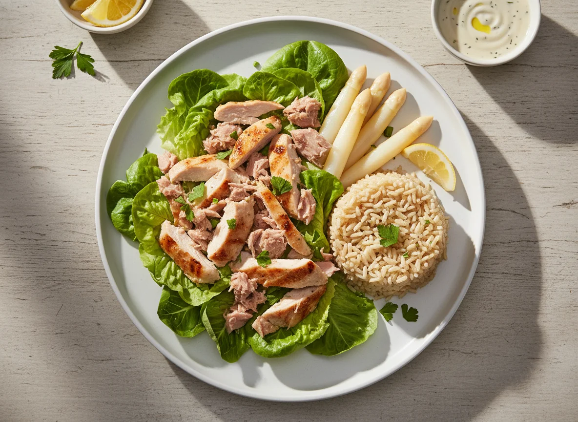 Ensalada de pollo y atún con arroz photo