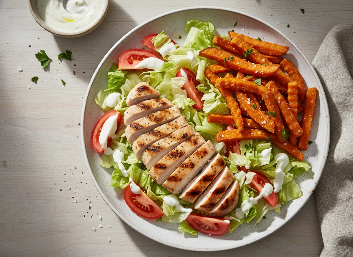 Ensalada de pollo y batatas fritas photo
