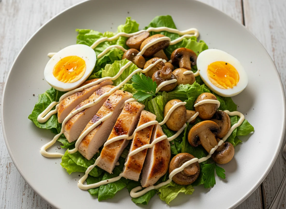 Ensalada de pollo y champiñones con huevo photo