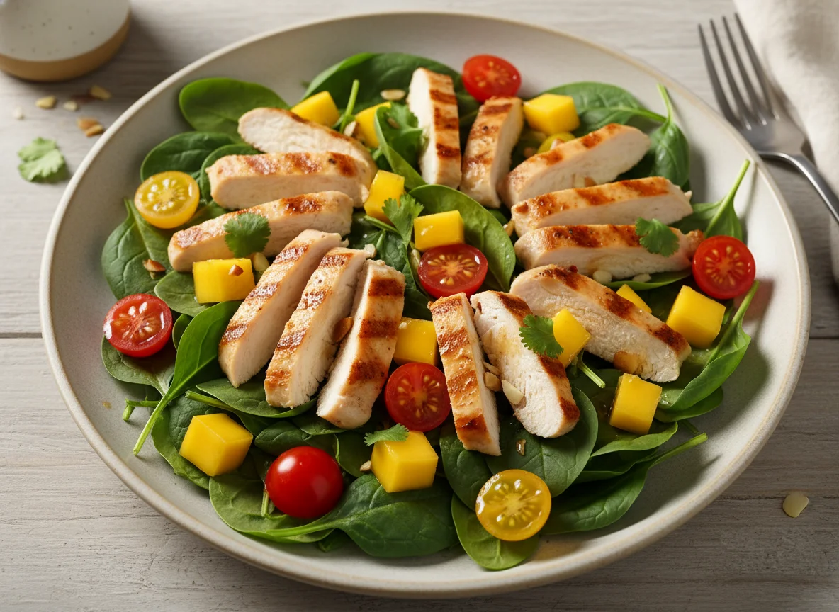 Ensalada de pollo y espinacas con mango photo