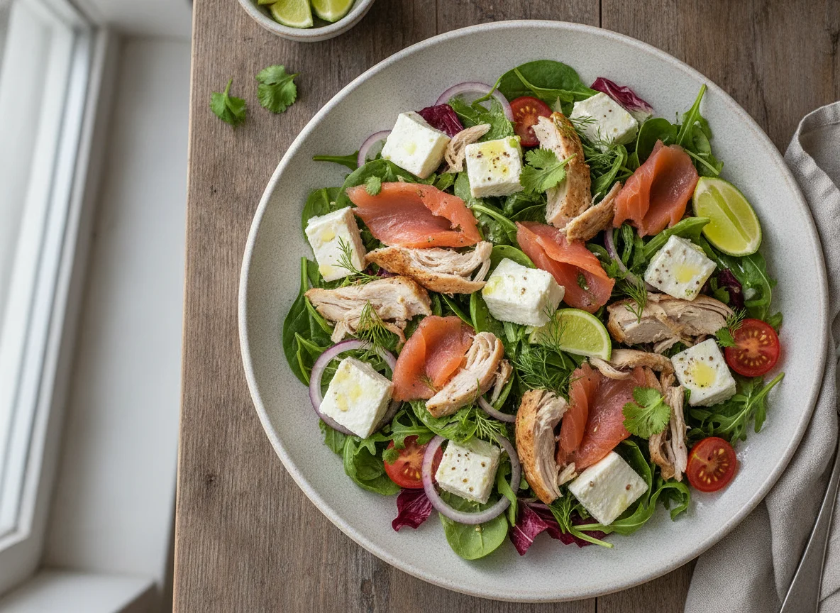 Ensalada de pollo y salmón con queso fresco photo