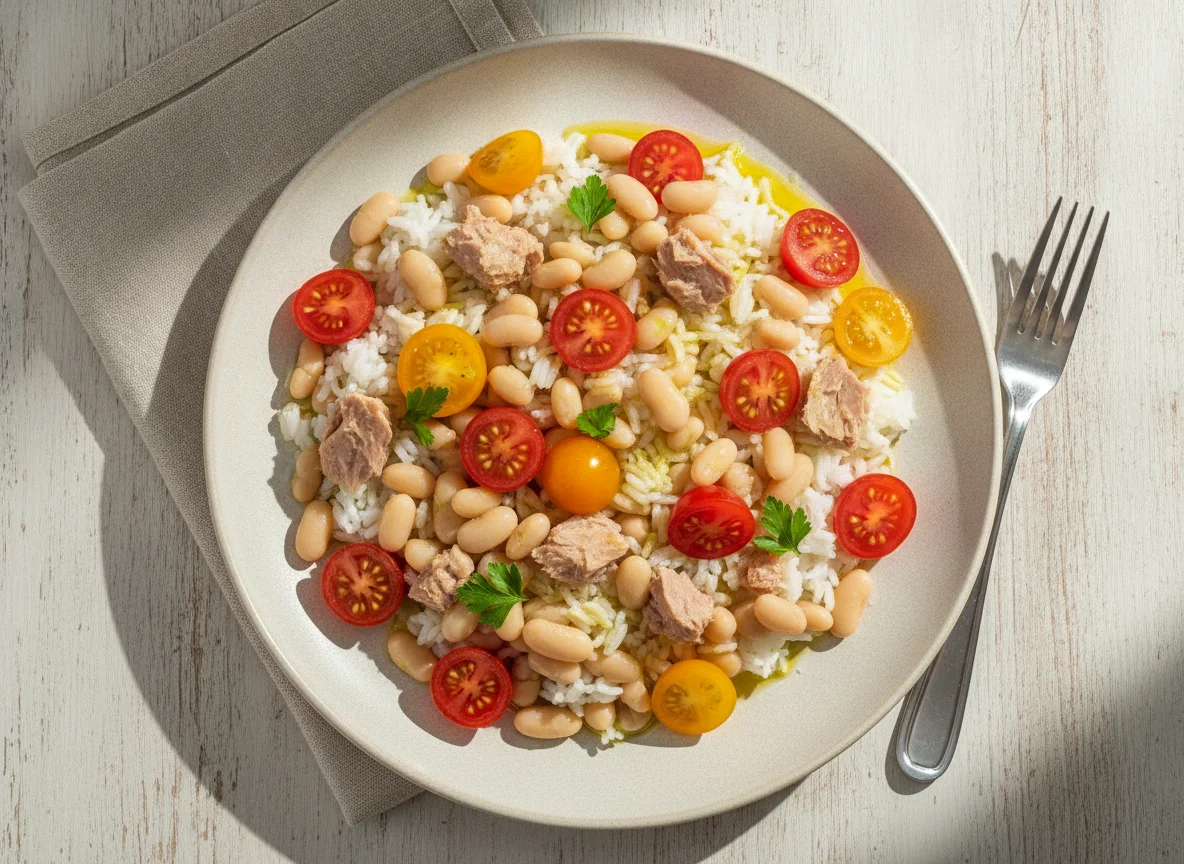 Ensalada de porotos blancos con atún y tomates photo