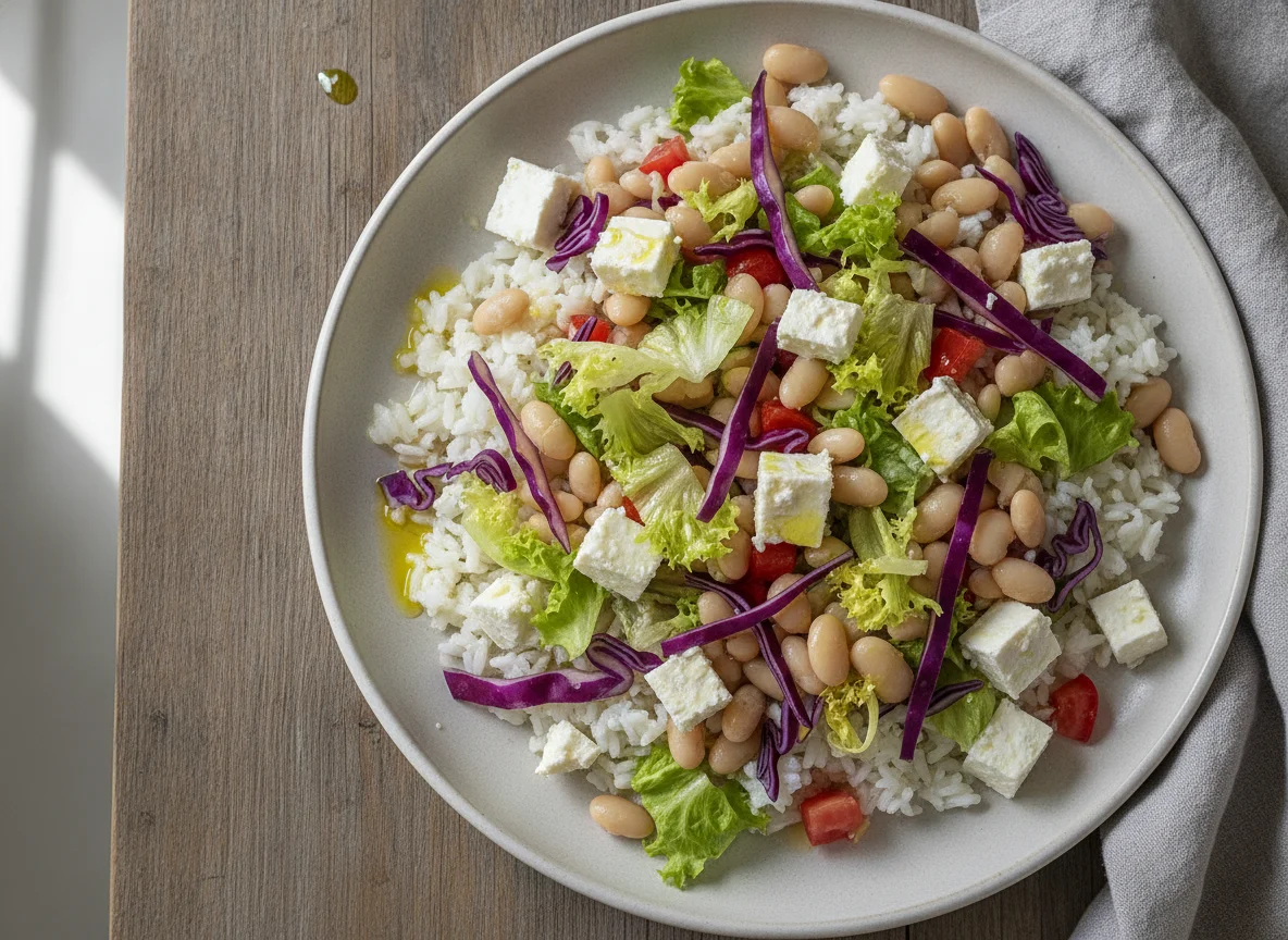 Ensalada de porotos con arroz, repollo morado, lechuga y queso fresco photo