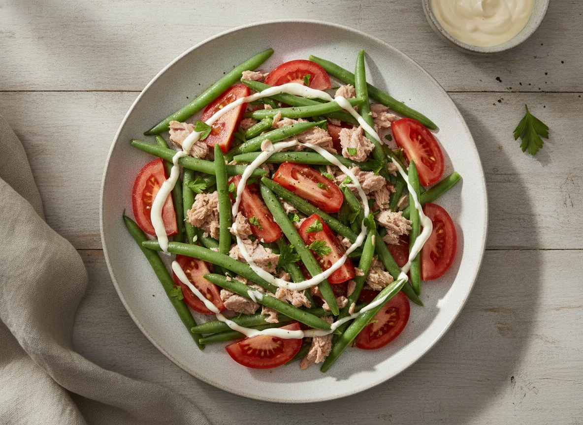 Ensalada de porotos verdes, tomate y atún photo
