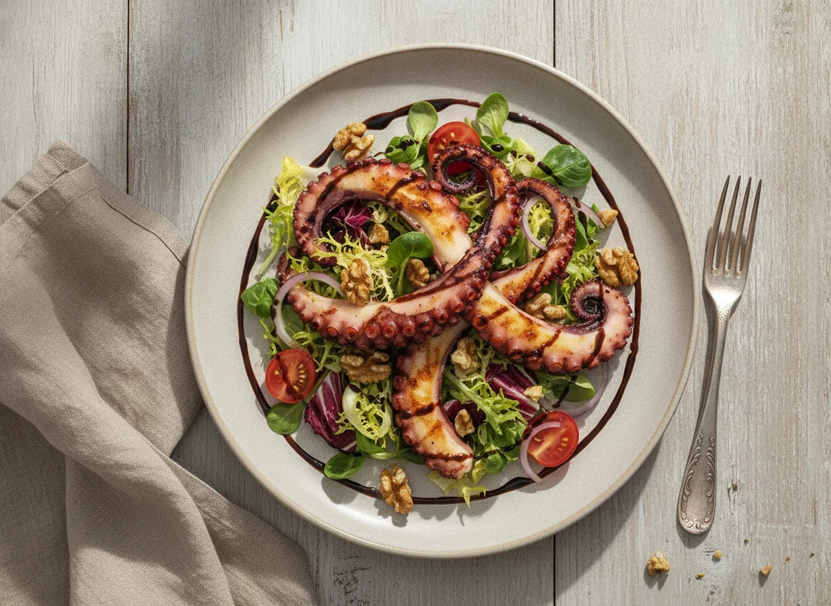 Ensalada de pulpo con nueces y vinagreta de módena photo