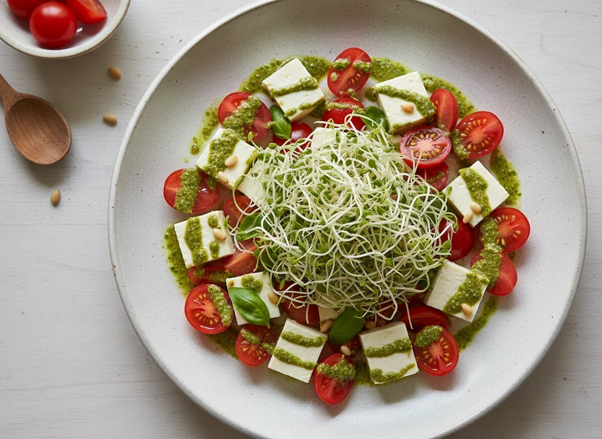 Ensalada de queso panela, jitomates cherry y germen de alfalfa photo